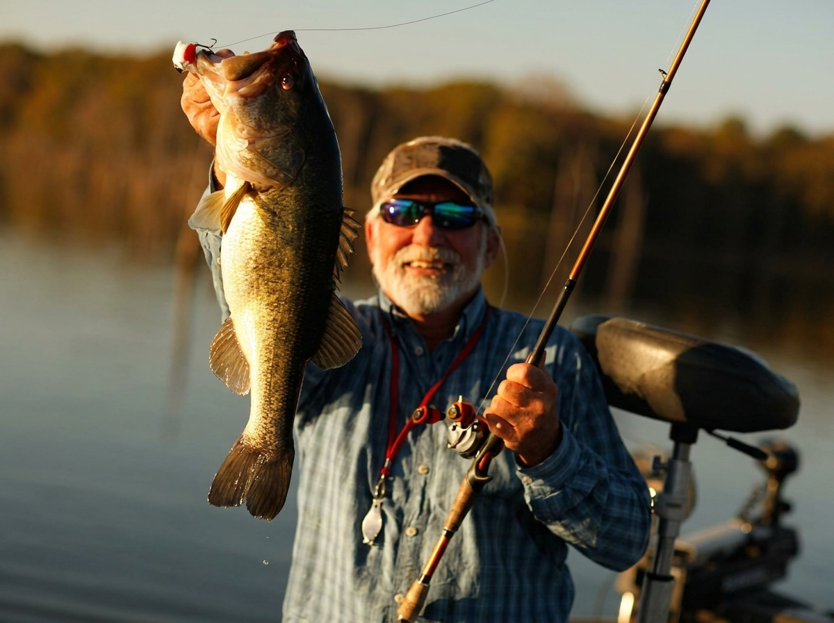 Charter captain holding a bass at sunrise on the water