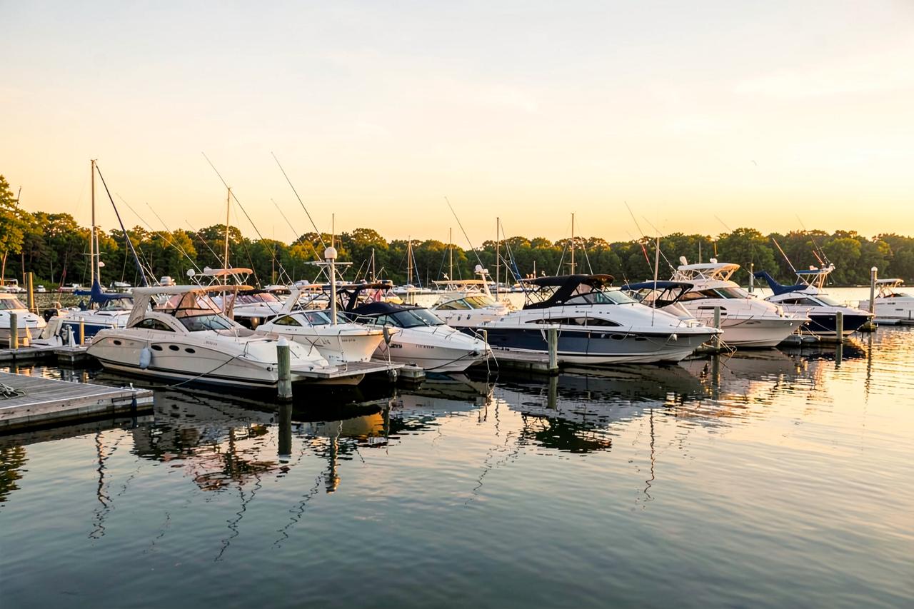 Charter boats docked at a Muskegon Lake marina at sunset